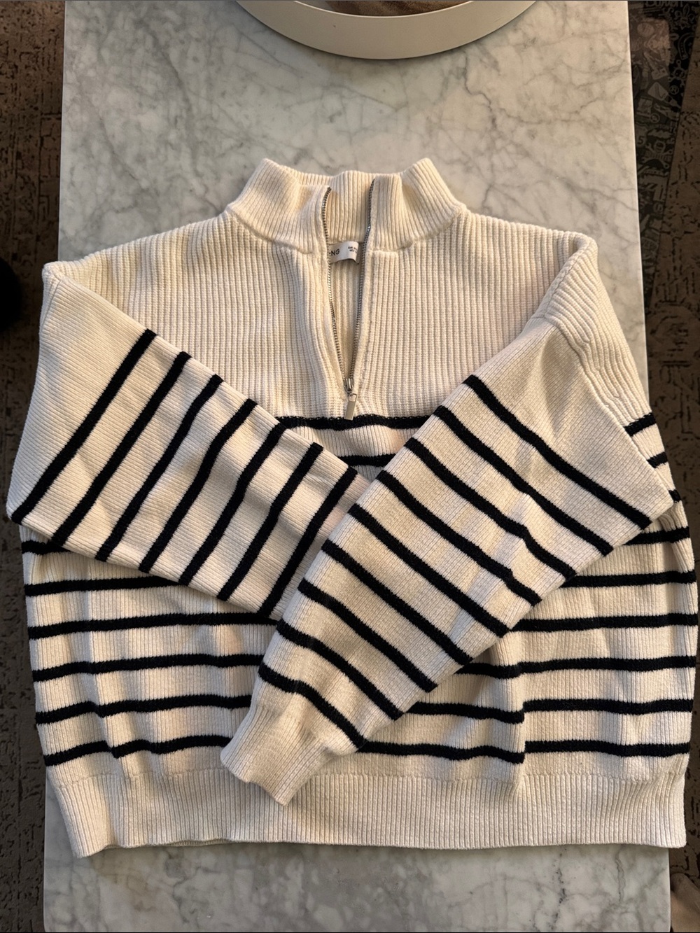 Mango white Cream and Black Striped Quarter-Zip Sweater pullover S